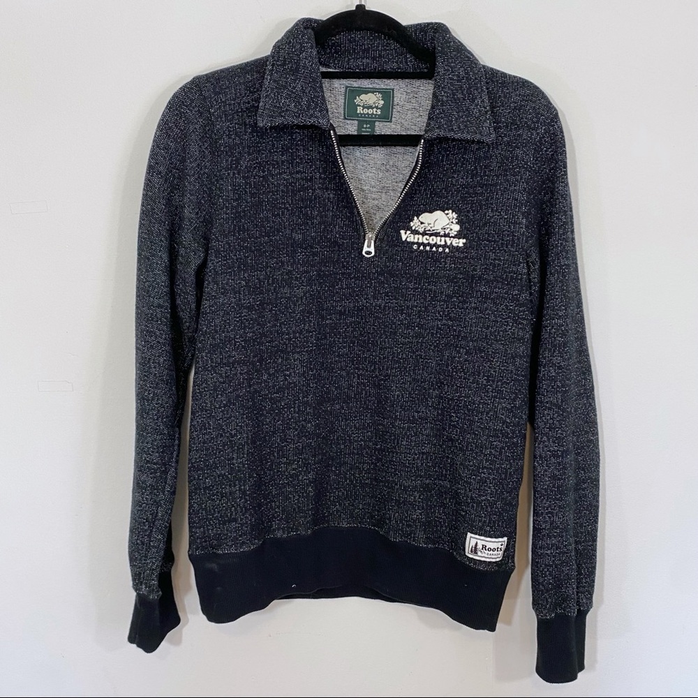Roots Vancouver Canada 1/2 Zip Pullover Sweatshirt Black White Speckle Small